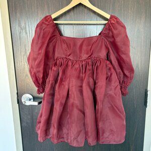 Selkie Bordeaux Puff Sleeve Mini Dress small
